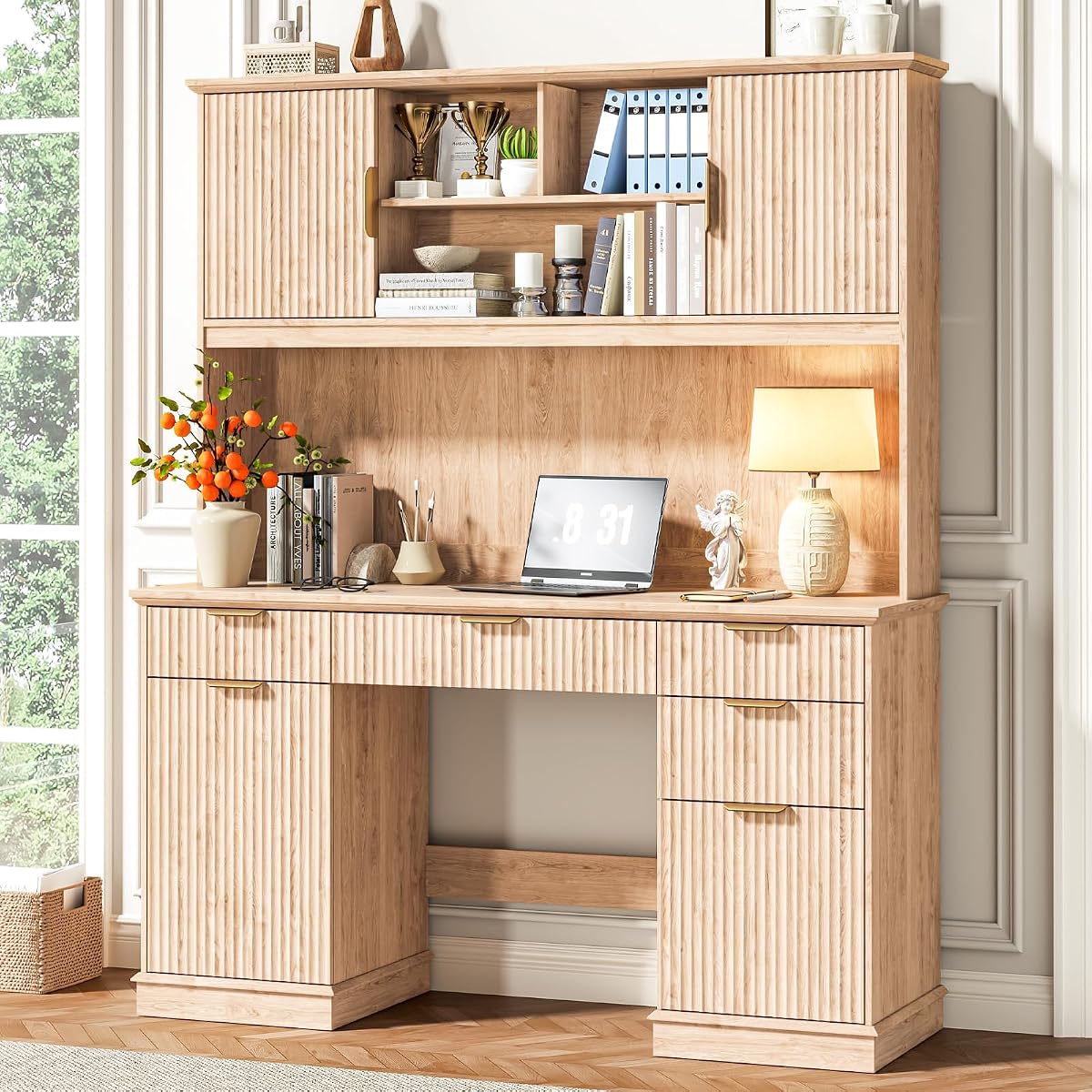 Farmhouse Executive Desk with 5 Drawers & 3 Storage Cabinets,Oak
