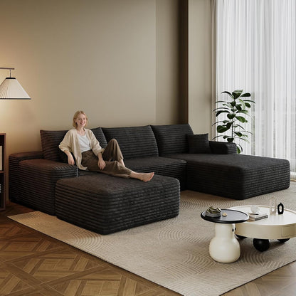 107.7" Boneless Sectional Couch Modern Modular U - Shape Corduroy Upholstered Sofa for Living Room - Deep Seat with Chaise and Ottoman(Black, 2 Seater+Right Facing Chaise+Ottoman)