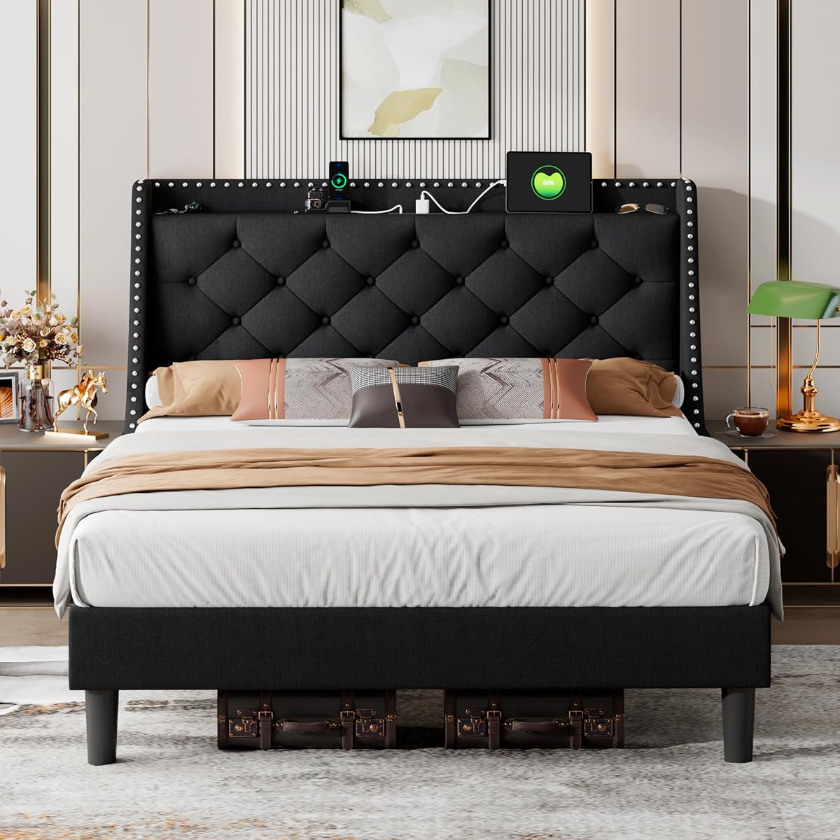 Queen Bed Frame with 16" Comfort Wingback & Charging Station