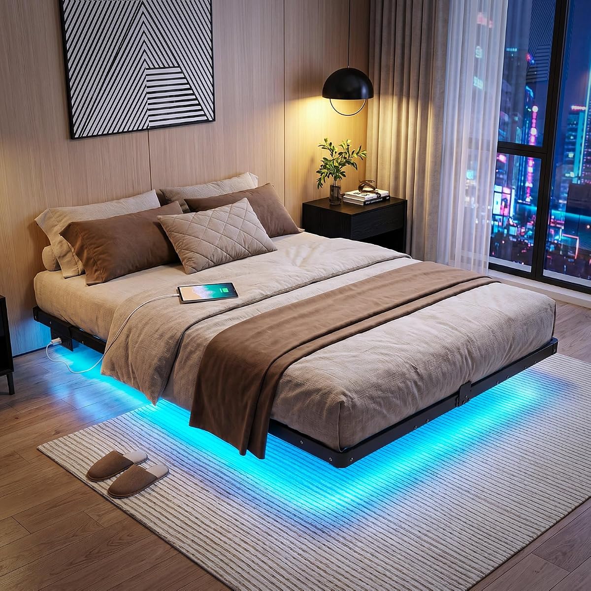 Full Floating Bed Frame with Smart LED Lights, USB Charging Station