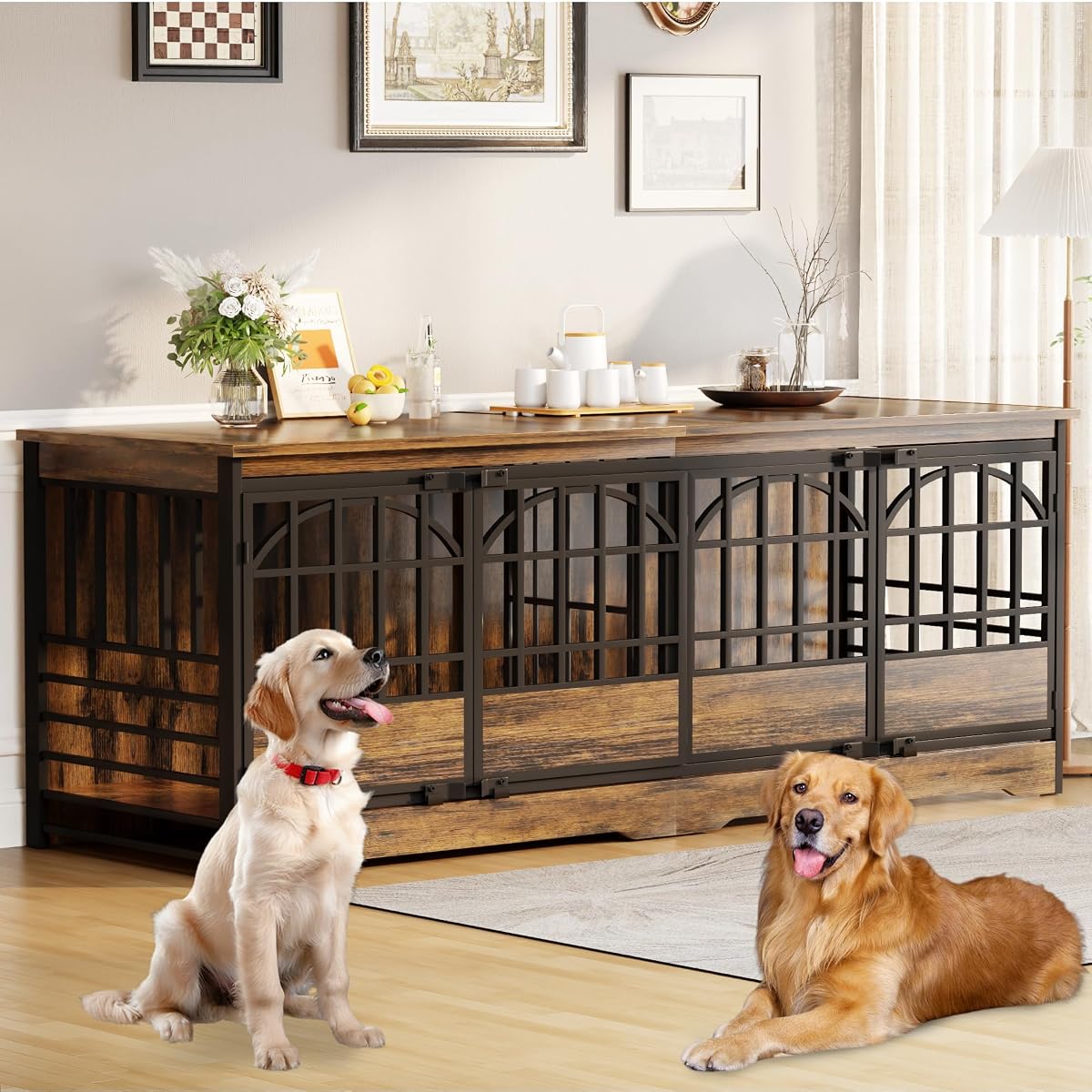 86" Double Dog Crate with Divider, Brown