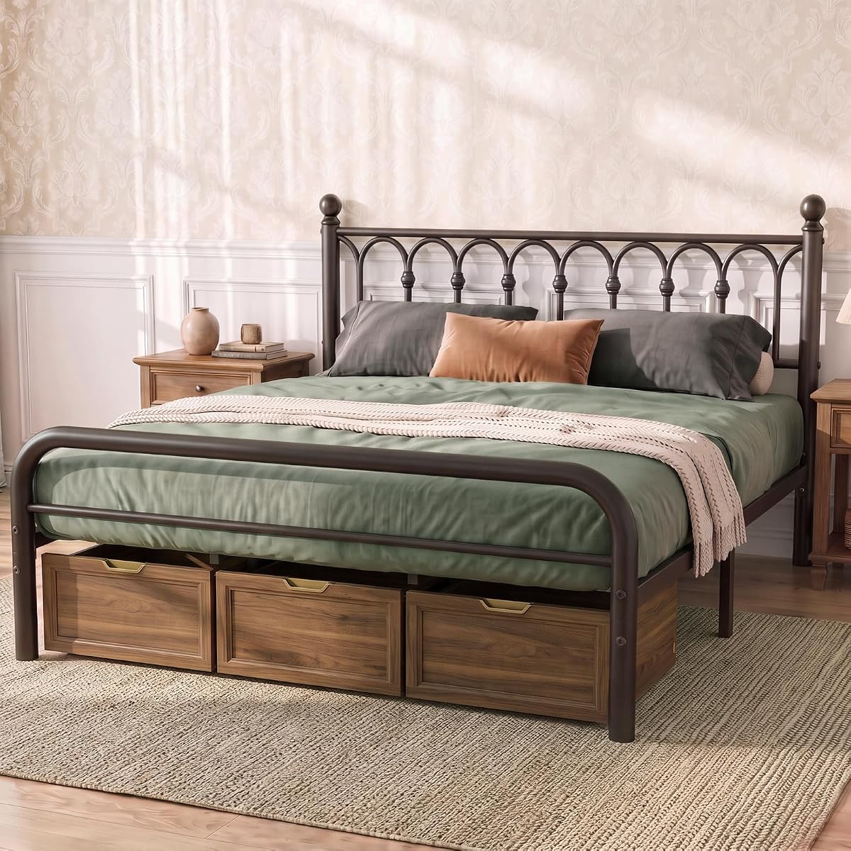 King Heavy Duty Metal Bed Frame with 11.9" Storage, Black