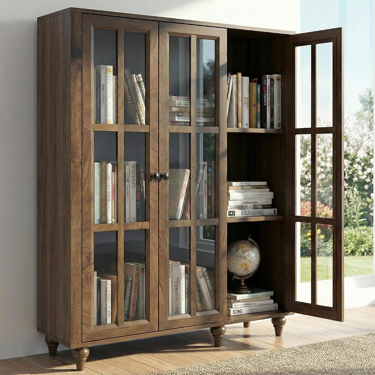51" Farmhouse Glass-Door Bookshelf with Adjustable Shelves — 3-Tier Display