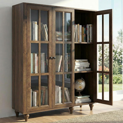 51" Farmhouse Glass-Door Bookshelf with Adjustable Shelves — 3-Tier Display