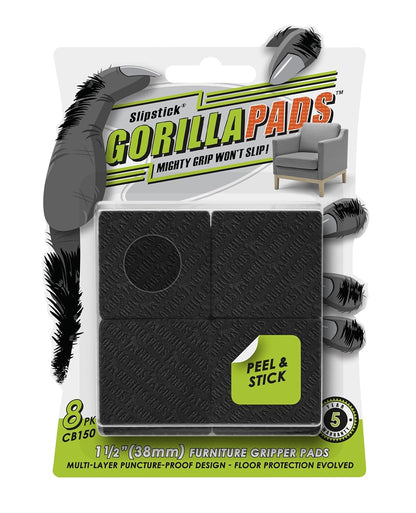 GorillaPads CB150 Non Slip Furniture Pads/Rubber Grips (Set of 8) Self Adhesive Furniture Feet Floor Protectors, 1-1/2 inch Square, Black
