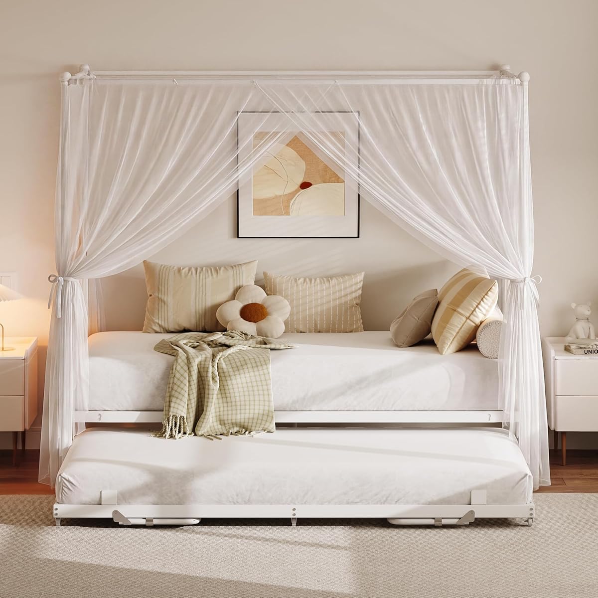 Twin Daybed with Trundle, Canopy Bed with Pop Up Trundle, White
