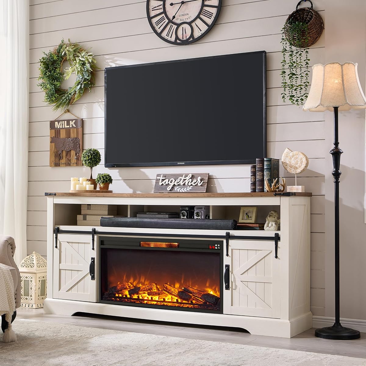70" Farmhouse TV Stand with 36" Electirc Fireplace, Antique White