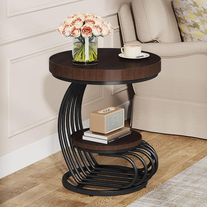 Tribesigns Round End Table, 2-Tier Farmhose Wood Side Table with Shelf Storage, Small Sofa Side Bedside Nightstand, Arc-Shaped Frame Accent Furniture for Living Room, Rustic Brown