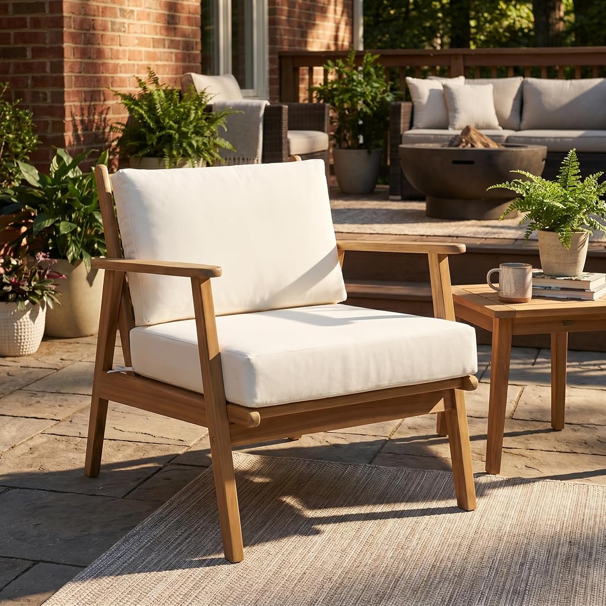 Arber Acacia Wood Lounge Chair Outdoor with Removable Cushion, Solid Wood Patio Accent Chair with Cushion, Patio Furniture Set Sofa Chair, Beige+Light Teak