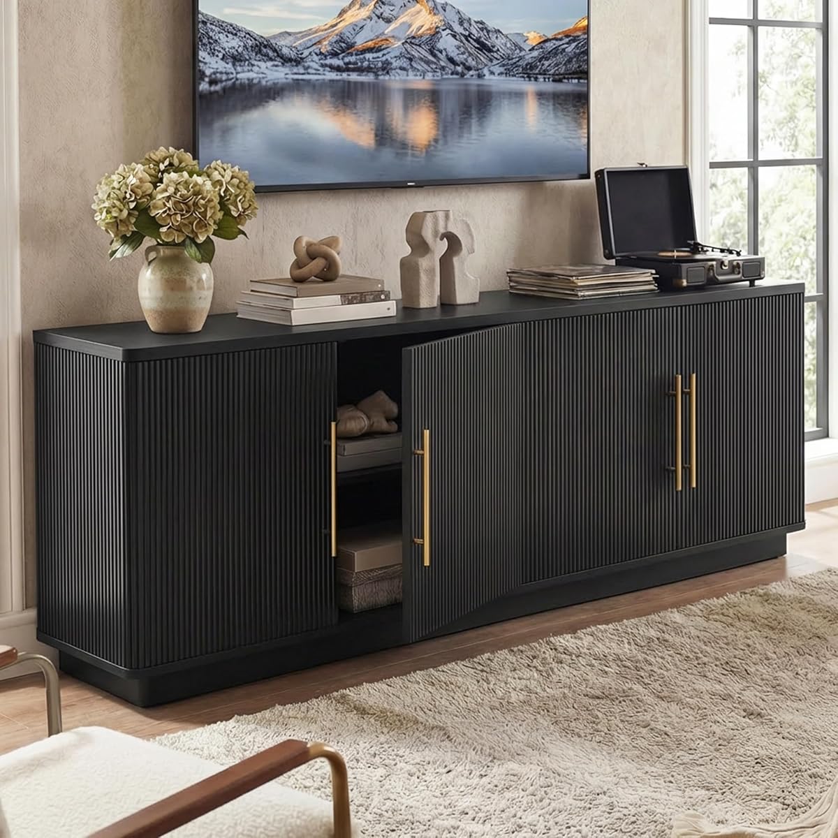 70" TV Stand for up to 80" TVs with 4 Fluted Doors, Black Oak
