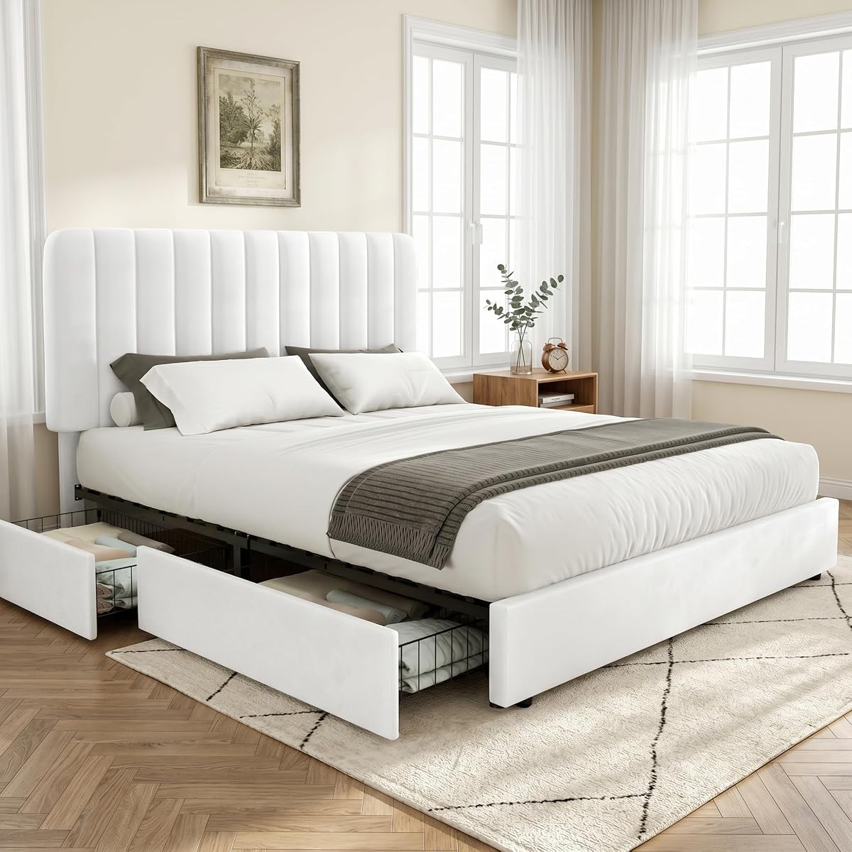 Full Size Upholstered Bed Frame with 4 Drawers and Headboard