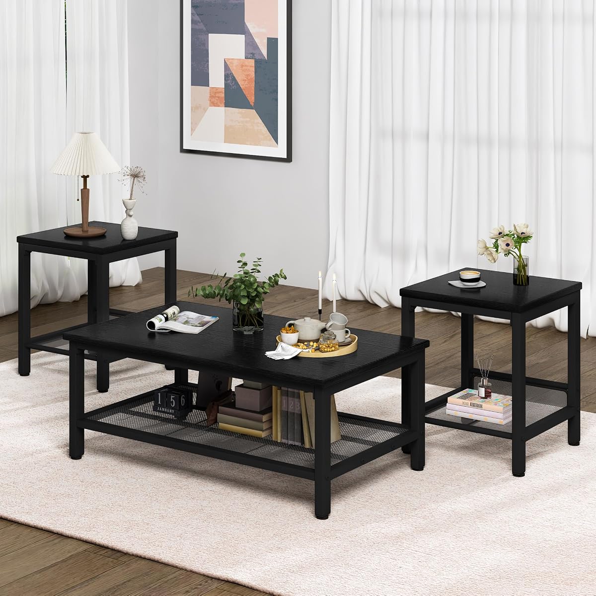 Coffee Table Set of 3, Industrial Coffee Table with 2 Square End Side Tables, Modern Living Room Table Set, with Metal Frame, for Apartment Home Office, Black