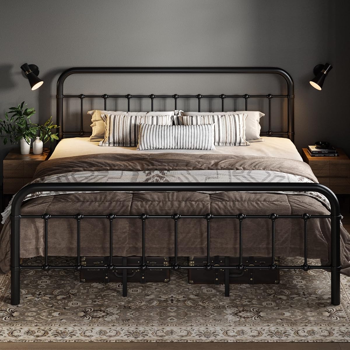 King Metal Bed Frame with Victorian Iron-Art Headboard, Black