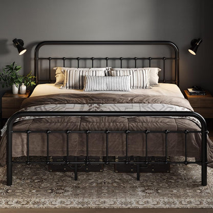 King Metal Bed Frame with Victorian Iron-Art Headboard, Black