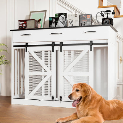 47 Inch Wooden Dog Crate Furniture for 2 Dogs with Removable Divider & Storage Drawers, Double Door Kennel for Medium and Extra Large Dogs, Farmhouse Dog Cage Side End Table for Indoor Use, White