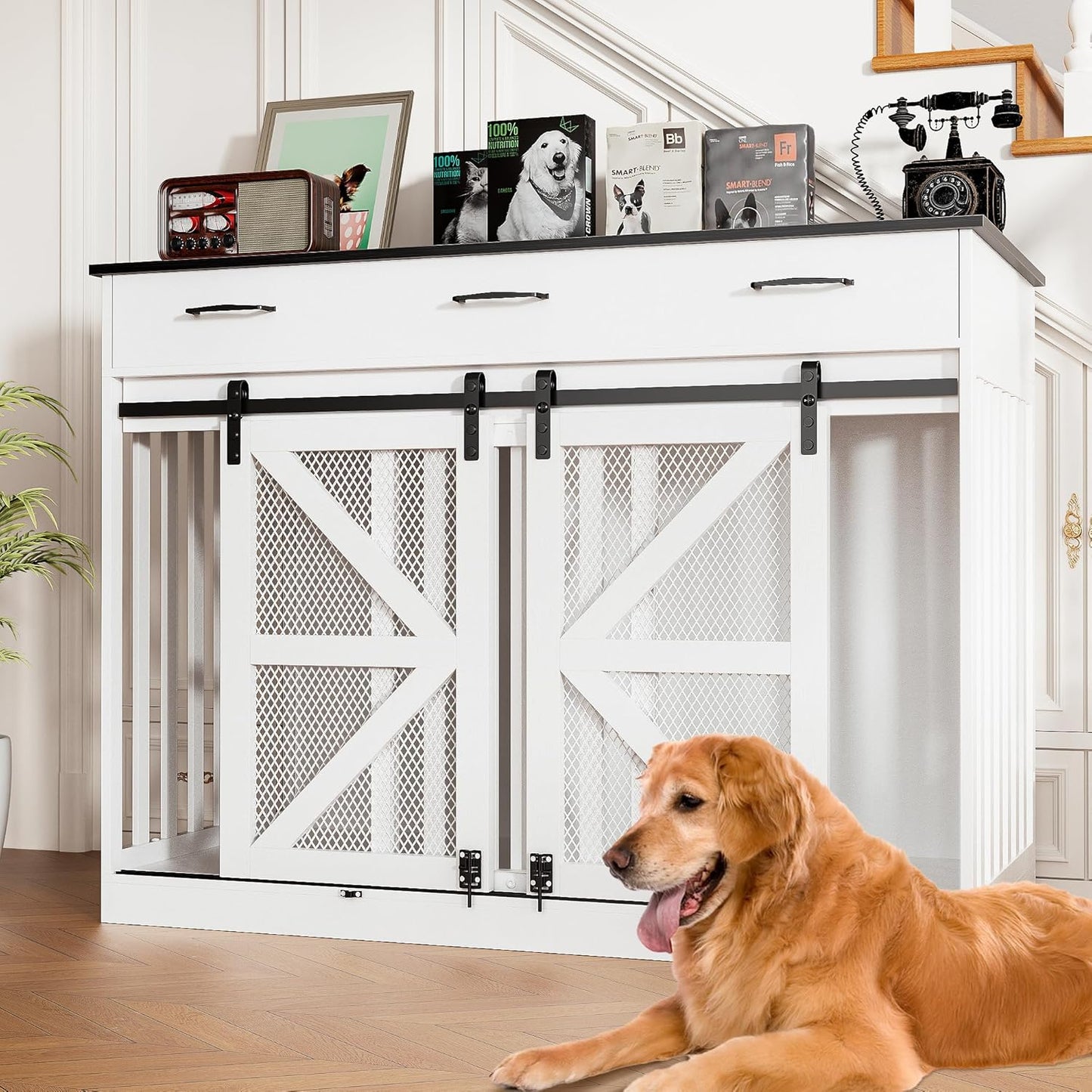 Large Furniture Dog Crate, Dog Kennel Indoor, Wood Dog Cage Table with Drawers Storage, Heavy Duty Dog Crate, Jaula Para Perros, Sturdy Metal, 40.5" L×23.6" W×35.4" H, Rustic Grey