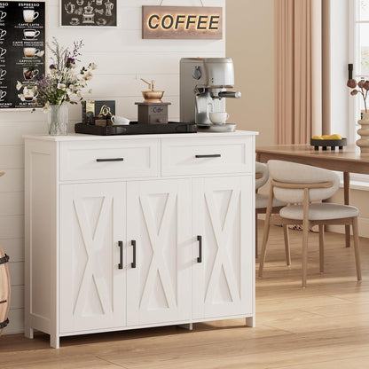 Sideboard Buffet Cabinet, Coffee Bar Storage Cabinet with Drawers and Doors, Farmhouse Kitchen Cabinet with Adjustable Shelves, for Kitchen, Dining Room, Living Room, White