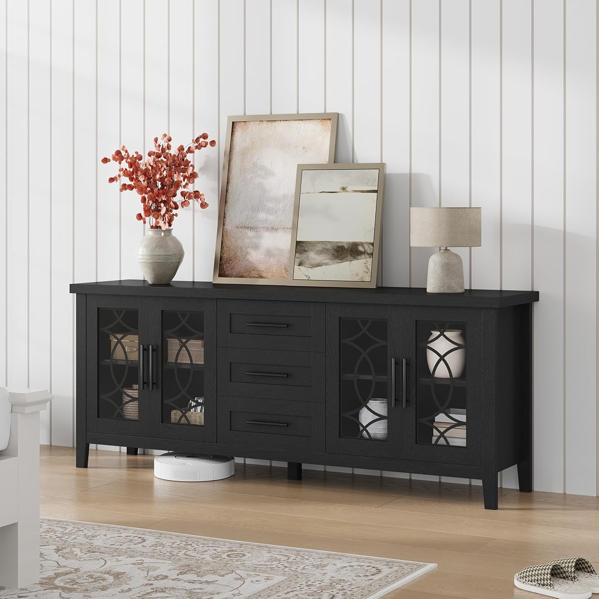 Farmhouse TV Stand with Glass Door for 65-70 Inch TV, Entertainment Center