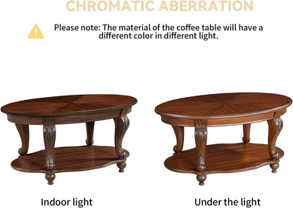 Wood Coffee Table Set with Storage Shelf Oval Coffee Tables and round Side Table for Living Room Farmhouse, Antique Elegant Carved Legs, Easy Assembly, Cherry