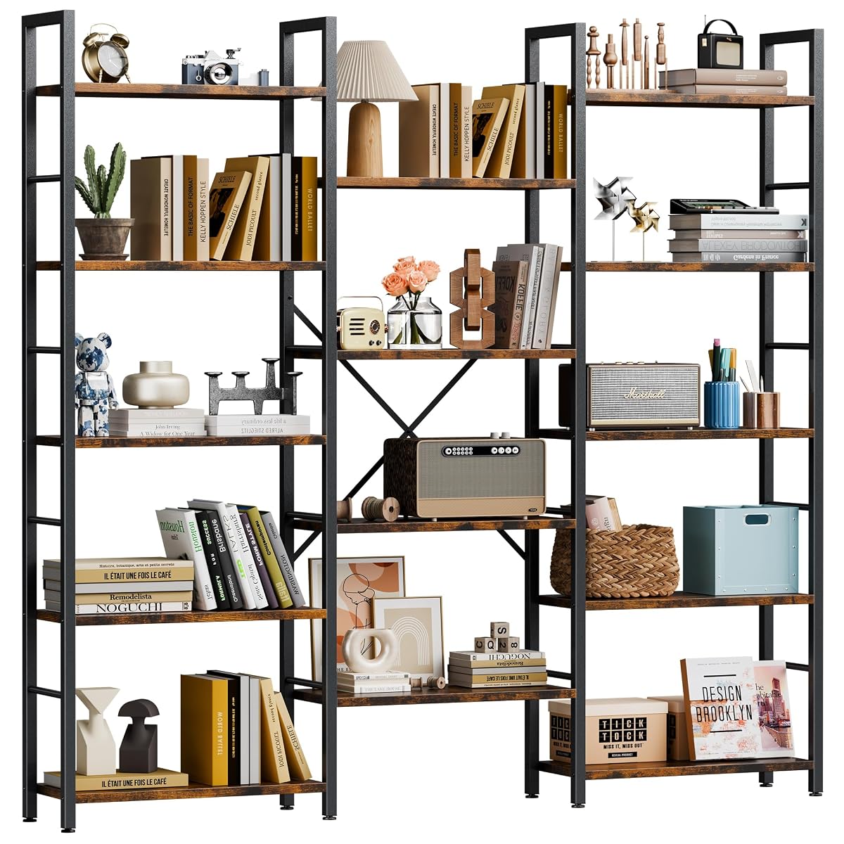 Triple Column 5 Tier Bookshelf, Industrial Large Bookcase Display Shelves, Large Etagere Bookshelf,Wide Book Shelf Book Case for Home & Office, Rustic Brown