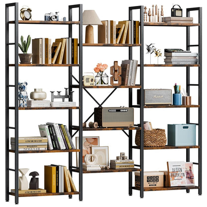 Triple Column 5 Tier Bookshelf, Industrial Large Bookcase Display Shelves, Large Etagere Bookshelf,Wide Book Shelf Book Case for Home & Office, Rustic Brown