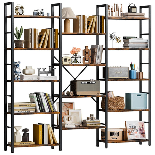 Triple Column 5 Tier Bookshelf, Industrial Large Bookcase Display Shelves, Large Etagere Bookshelf,Wide Book Shelf Book Case for Home & Office, Rustic Brown