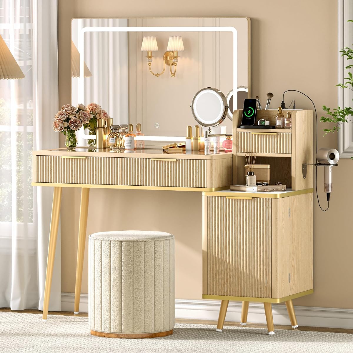 47" Vanity Desk with 5X Magnifying Mirror & 3-Color LED Light
