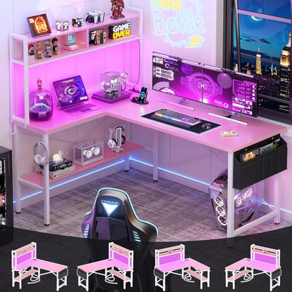 L Shaped Desk Gaming Desk, 59" L Shaped Computer Desk with LED Light & Power Outlet, Reversible Home Office Desk Gamer Desks with Shelves & Storage Bag & Hooks, Corner PC Desk, Pink