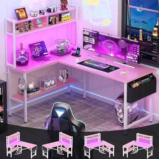 L Shaped Desk Gaming Desk, 59" L Shaped Computer Desk with LED Light & Power Outlet, Reversible Home Office Desk Gamer Desks with Shelves & Storage Bag & Hooks, Corner PC Desk, Pink
