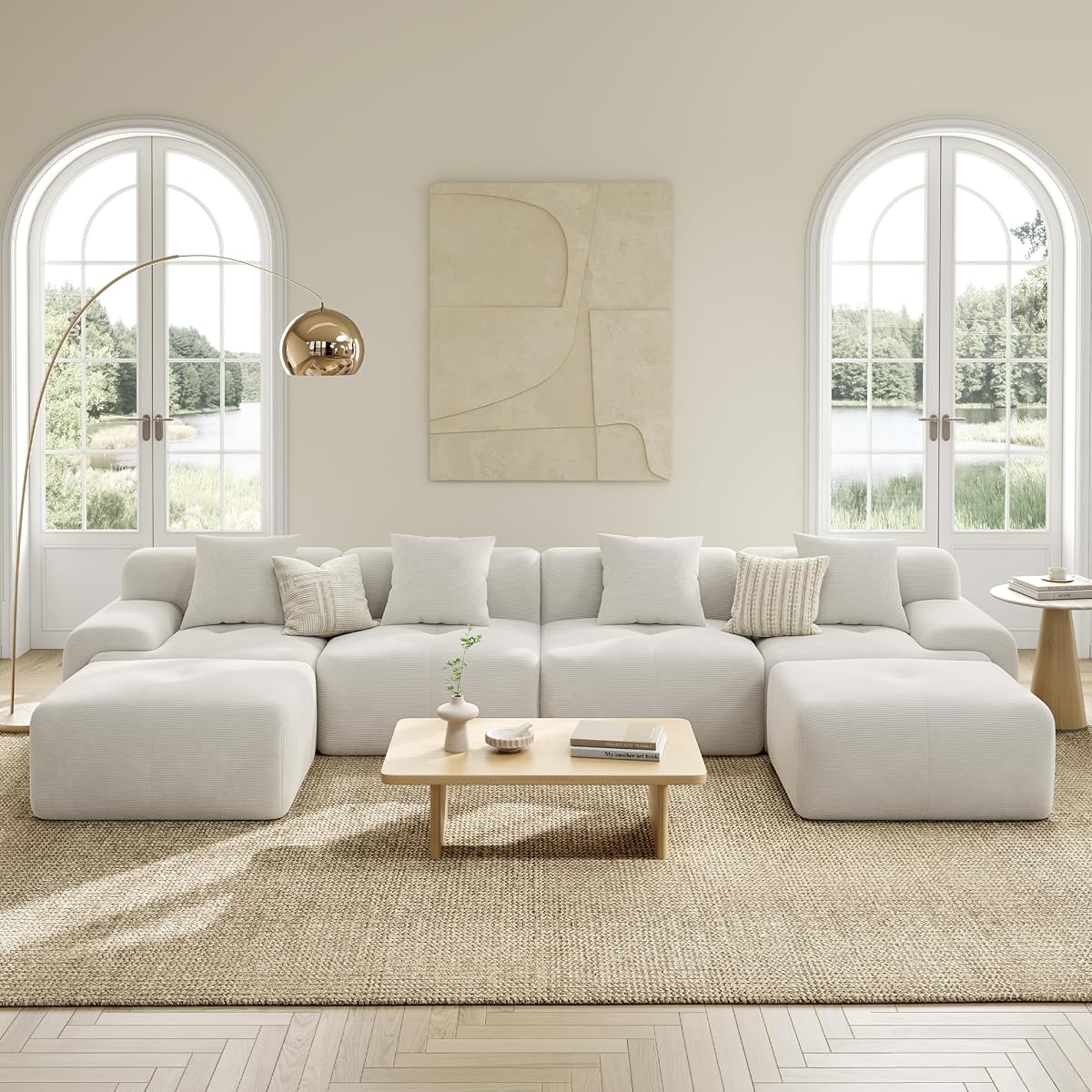 LumiCord 153.5" Tufted Modular Sectional Sofa, Modern U-Shaped Boneless Couch for Living Room, 26.8" Deep Seat, 18.1" High Seating, 15" Wide Armrest, Corduroy, Oatmeal Beige