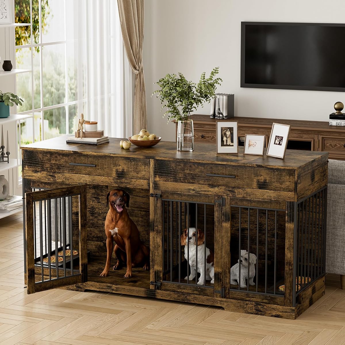 72" Double Dog Crate Furniture for Medium Large Dogs, Rustic Brown