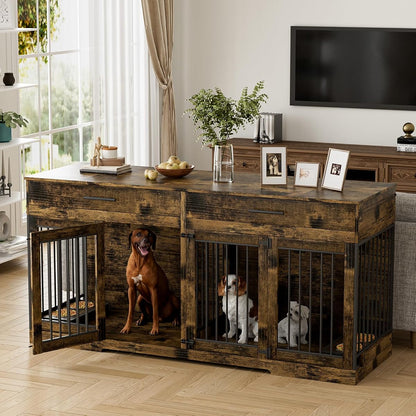 72" Double Dog Crate Furniture for Medium Large Dogs, Rustic Brown