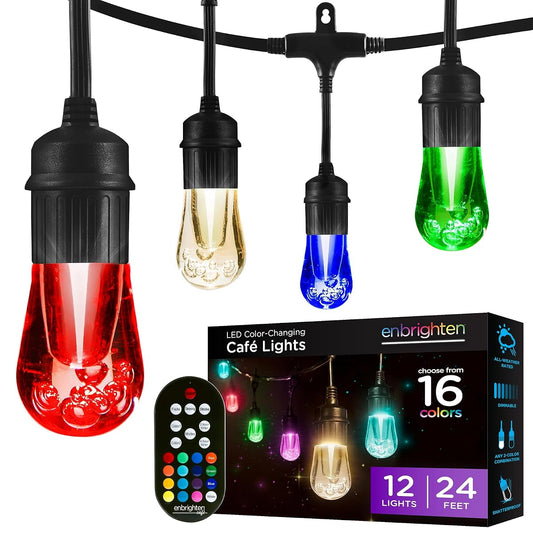 Vintage Outdoor String Lights, 24ft, 12 RGB Acrylic Bulbs, Weatherproof, RF Remote Control, Perfect for Holidays, Gameday, Parties, and More, 37791