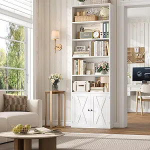 82" Tall Bookcase and Book Shelf, 24" Wide Bookshelf with Doors, 7 Tier Bookcase with Storage and Adjustable Shelf, Open and Display Farmhouse Bookshelf for Living Room, Home Office, White