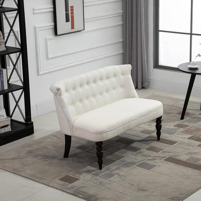 Fabric Loveseat with Wood Legs, Buton Tufted Settee, Cream White | Upholstered, Armless, Living Room