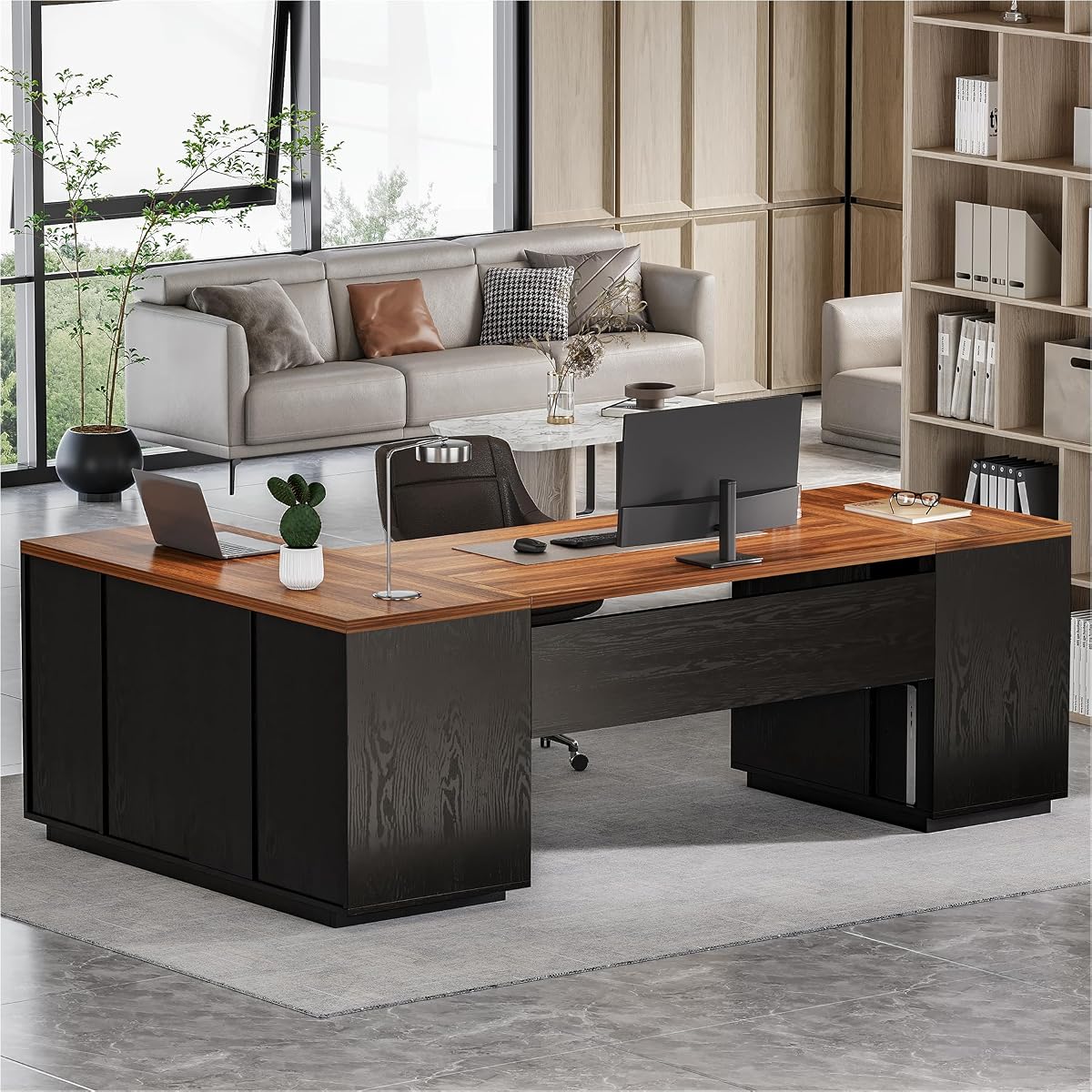 87-Inch Modern Executive Desk with File Cabinet