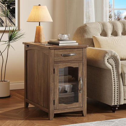 End Table with Charging Station, Narrow Side Table for Living Room, Farmhouse Night Stand with Drawer and Storage Cabinet, Wooden Bedside Table for Small Spaces Living Room, Glass Door (Brown)