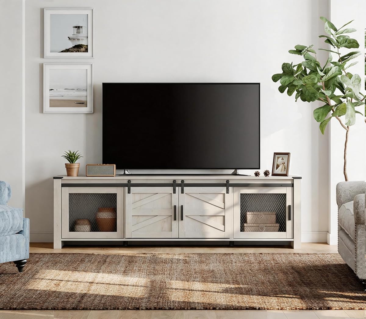 Farmhouse TV Stand for 75" TV, Antique White