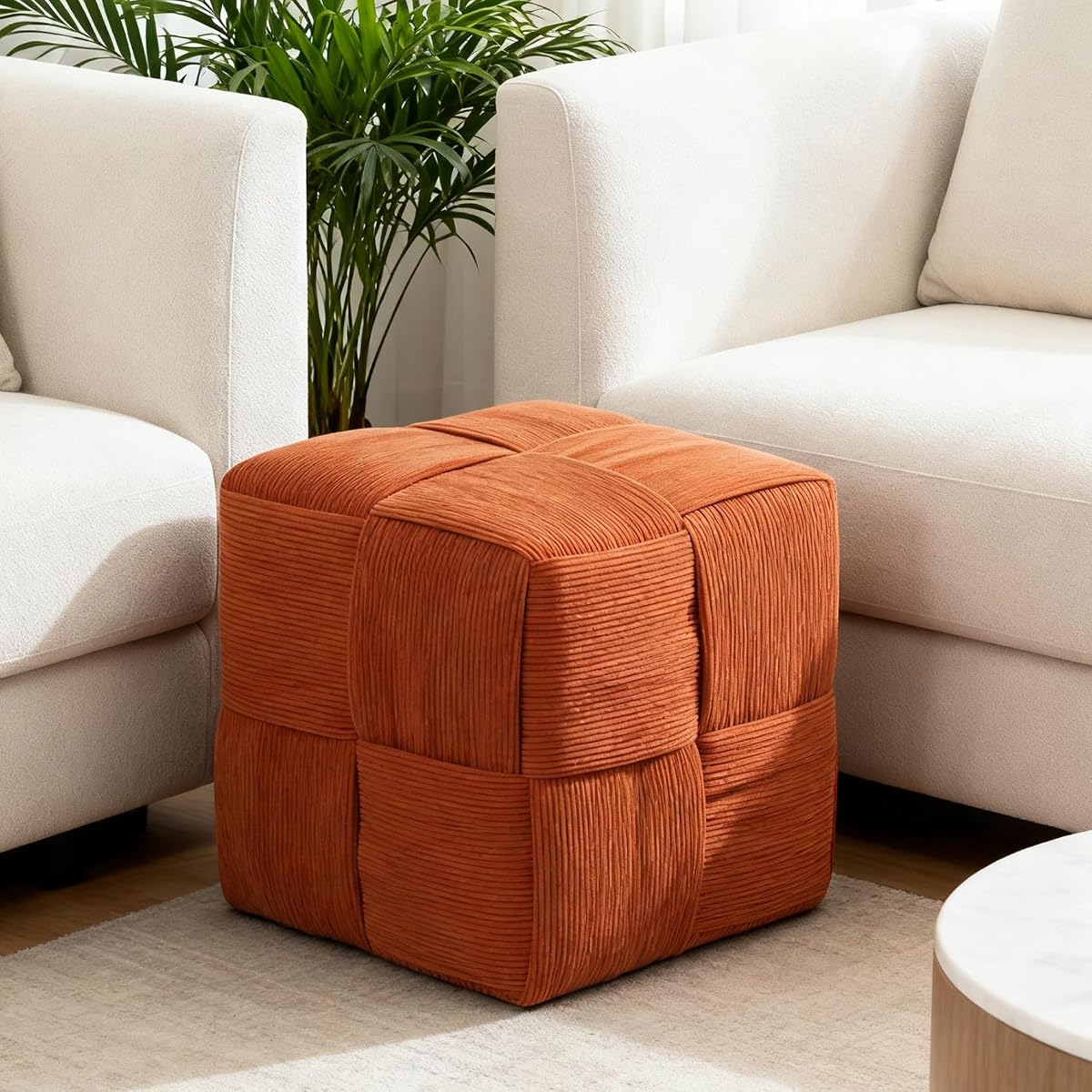 Square Footstool, Modern Upholstered Small Ottoman Cute Make up Stool for Foot Rest with Wood Frame for Living Room Bedroom, Orange Corduroy.