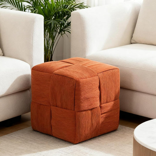 Square Footstool, Modern Upholstered Small Ottoman Cute Make up Stool for Foot Rest with Wood Frame for Living Room Bedroom, Orange Corduroy.