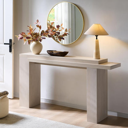63 Inch Modern Entryway Console Table, Solid Geometry Accent Sofa Table Behind The Couch, Narrow Console Table for Entryway, Hallway, Living Room, Foyer, White Alder