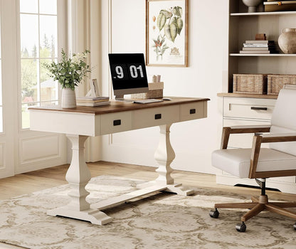 60-inch Vintage Farmhouse Desk with Charging Station &3 Deep Drawers