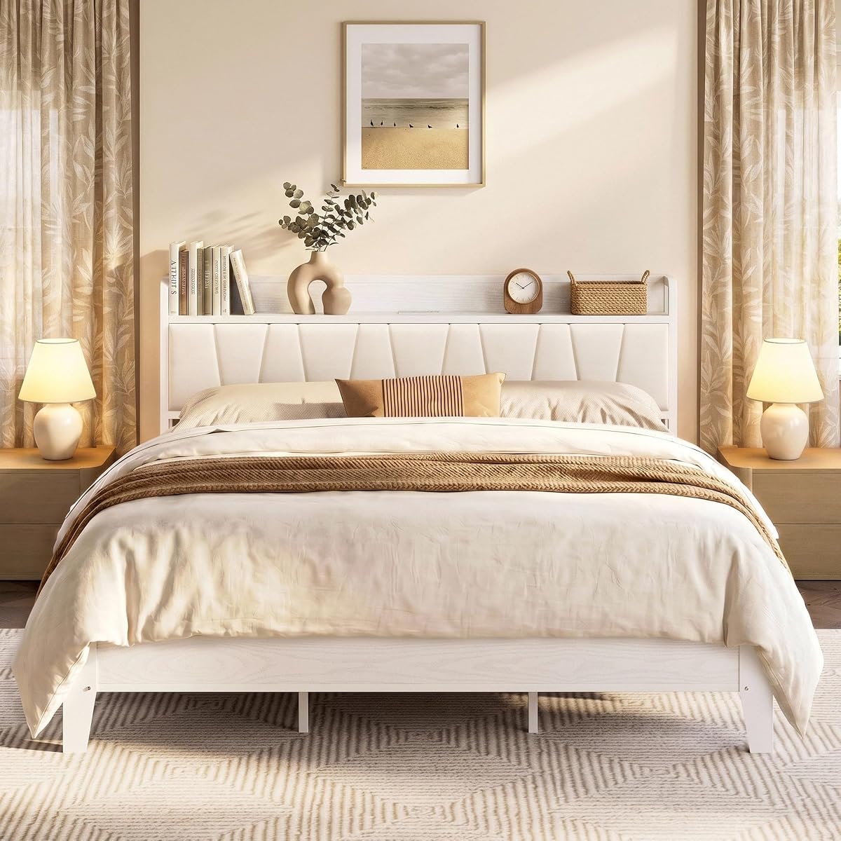 King Bed Frame with Storage Headboard and Charging Station