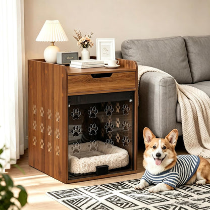 Wooden Dog Crate Furniture with Charging Station, Small Dog Crate End Table