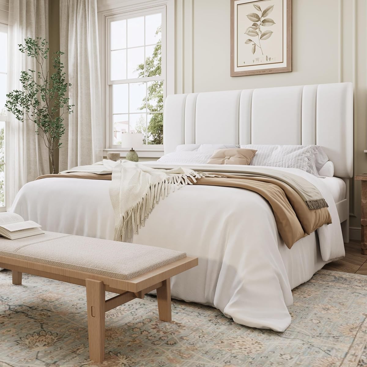 Queen Size Velvet Bed Frame with Adjustable Headboard, White