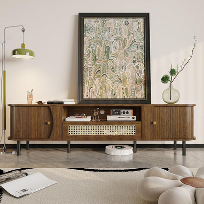 71" Fluted TV Stand with Sliding Doors, TV Consoles for Living Room, Walnut