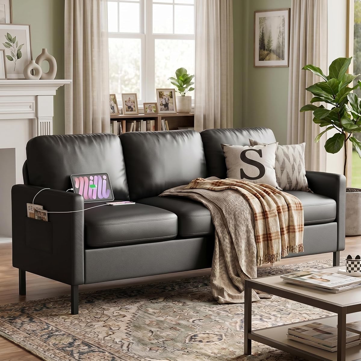 72" W Faux Leather Black Sofa 3 Seat Couch, Modern Comfy Couch with 2 USB, Small Couches for Living Room Apartment Bedroom Small Spaces, Office(Black)