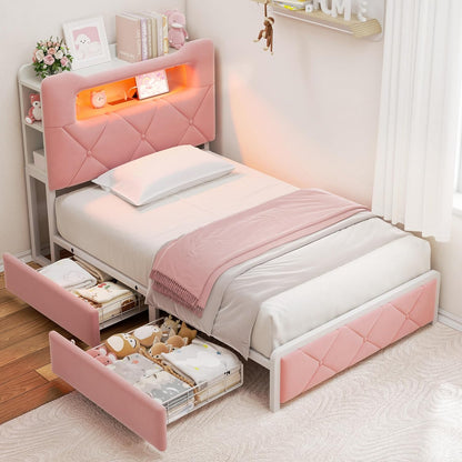Twin Upholstered LED Bed Frame with 2 Storage Drawers and 2-Tier Storage Bookcase Headboard, Velvet Princess Platform Bed for Kids/Girls/Boys, Corner Bed Frame, Heavy Duty Metal Support, Pink