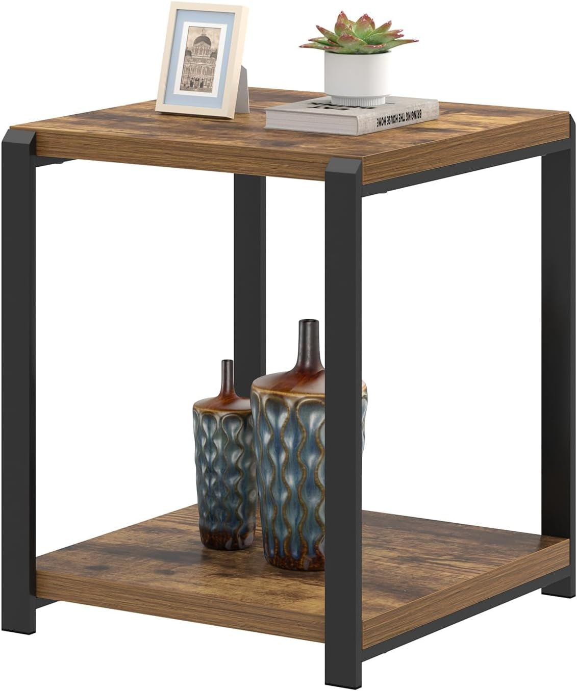 End Table with Storage Shelf, Modern Side Table for Living Room, Wood and Metal Bedside Table Nightstand, Rustic Brown