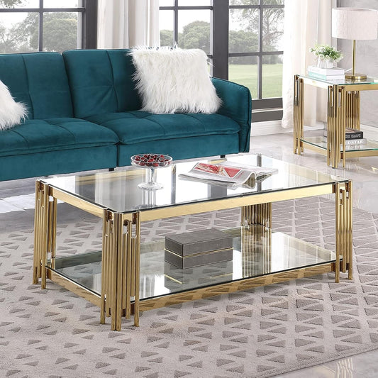 Luxury Clear Glass Coffee Table with Gold Stainless Steel Frame | Rectangle 2-Tier Coffee Table for Living Room Modern Elegant Cocktail Center Table with Storage Shelves for Home Office